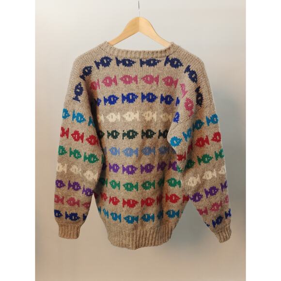 Vintage Ewenique Wool Tan Fish Print Crew Neck Thick Chunky Pullover Sweater - Picture 5 of 10